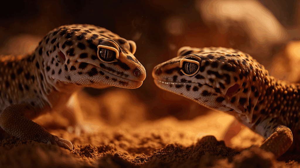 Deux geckos léopards en interaction dans un terrarium désertique