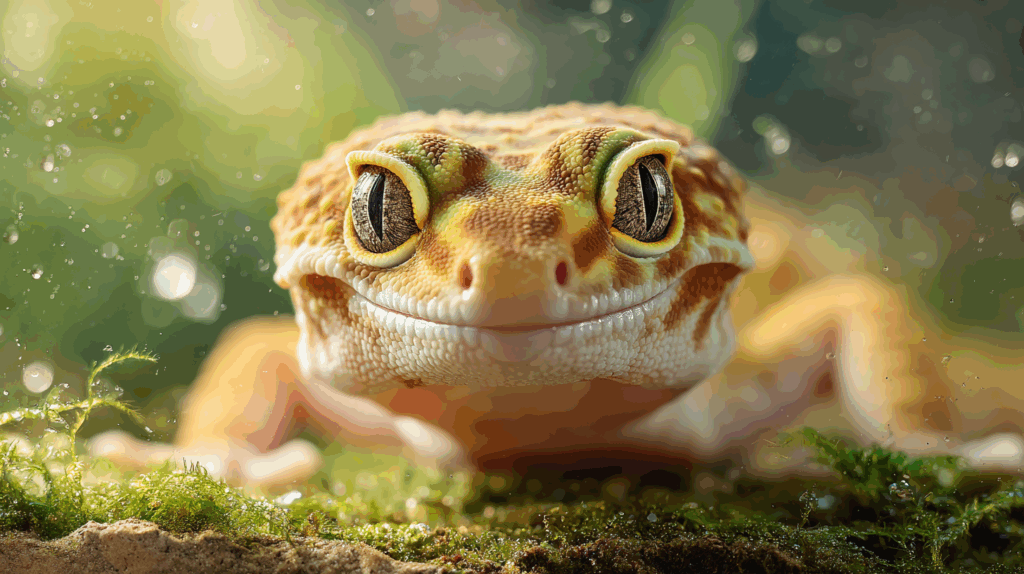 Gecko léopard dans terrarium humide, vue macro matinée