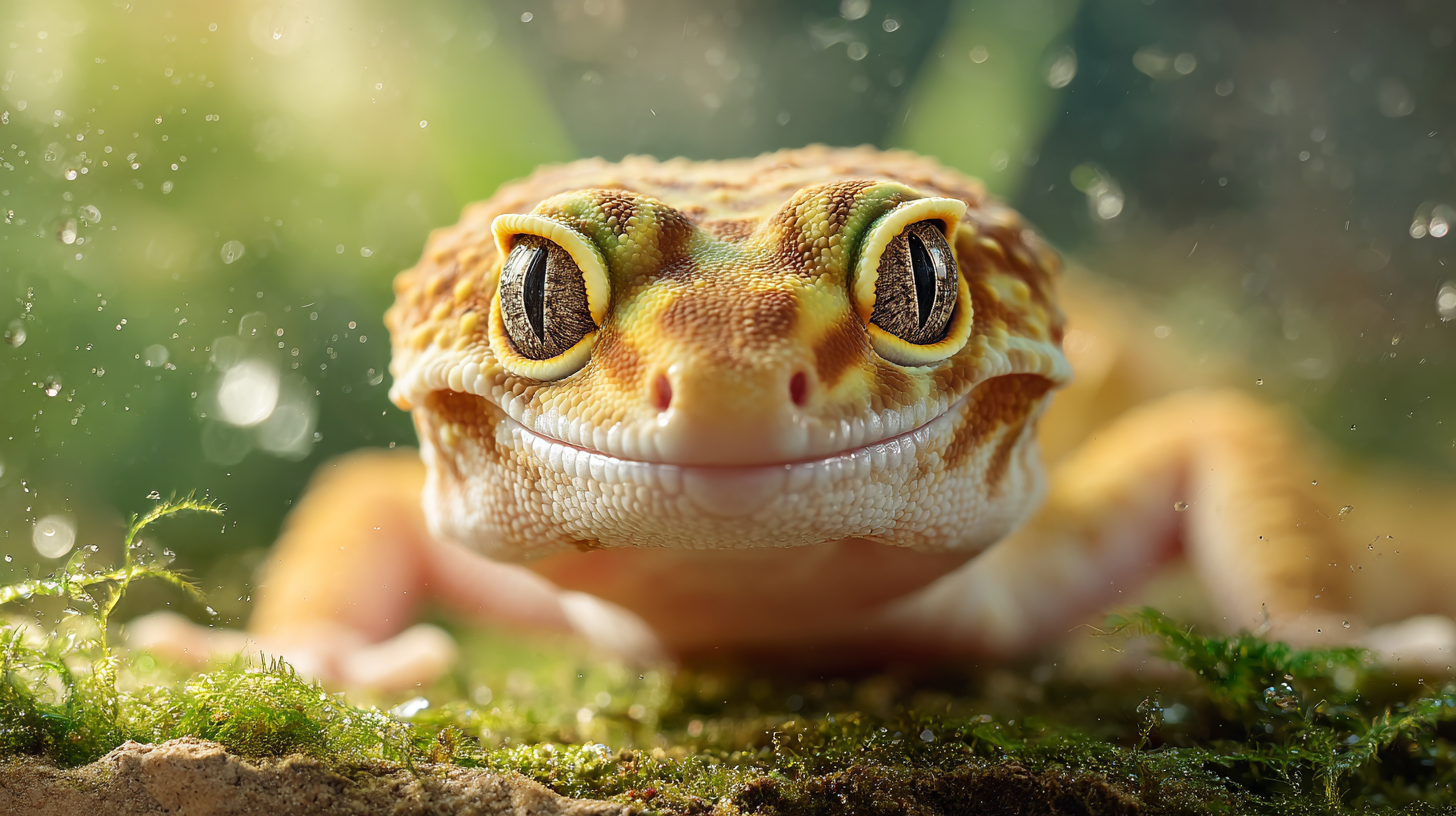 Gecko léopard dans terrarium humide, vue macro matinée