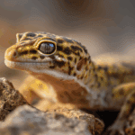 Photo réaliste en gros plan d’un gecko léopard sur fond rocheux