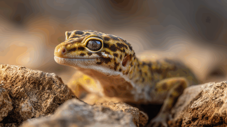 Photo réaliste en gros plan d’un gecko léopard sur fond rocheux