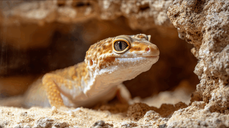 Gecko léopard dans un terrarium désertique bien aménagé