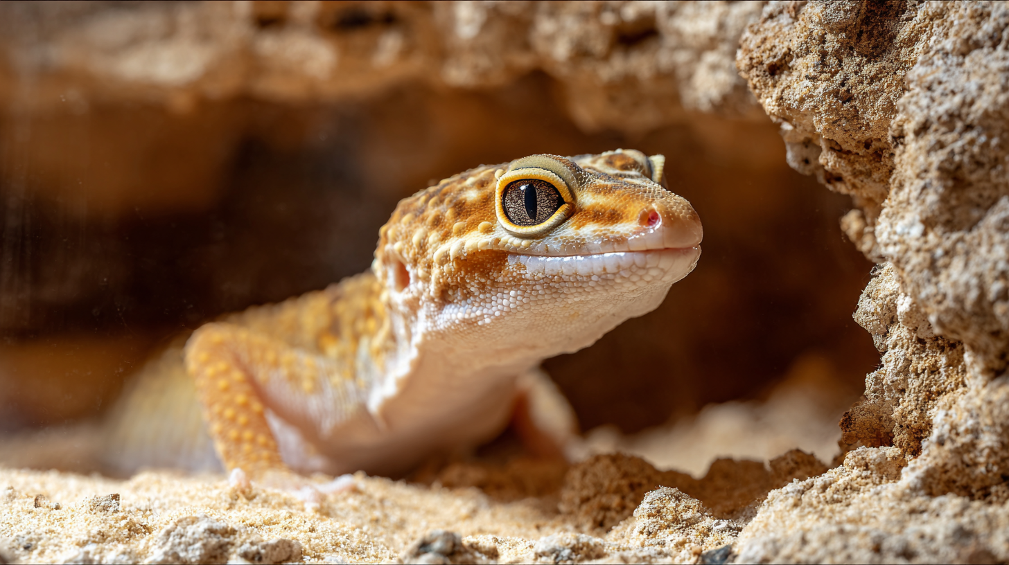 Gecko léopard dans un terrarium désertique bien aménagé